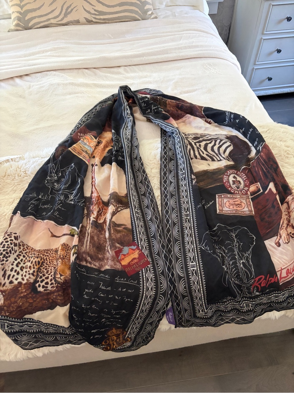 Vintage Ralph Lauren collection safari long scarf shawl zebra postcards